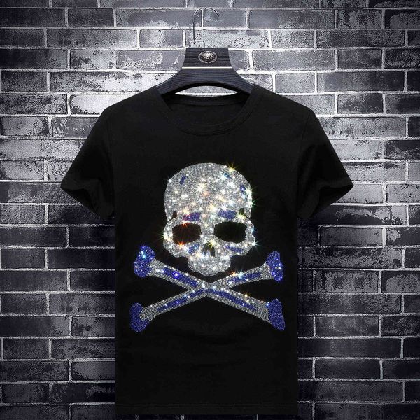 

fashion t shirt drill skull head short sleeve men's 2021 summer brand round neck half social guy big size suit, White;black