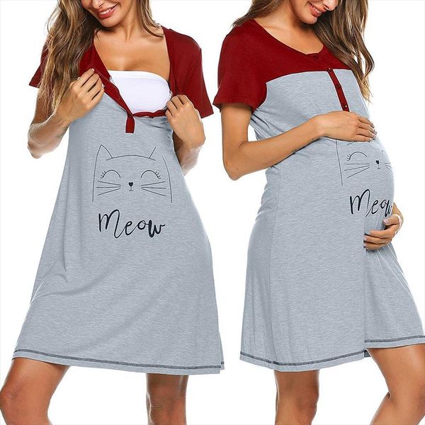 

maternity short sleeve cute print women sleepwear nursing nightdress breastfeeding dress lace kimono bathrobe night casual, Black;red