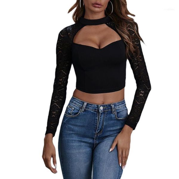 

women back zipper black crop cut out neck lace long sleeve slim shirts blouse1, White