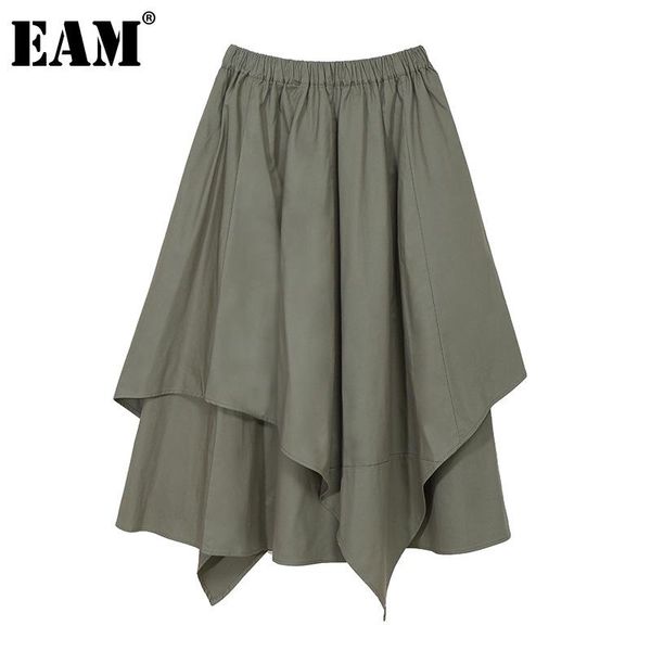 

skirts [eam] high elastic waist half-body irregular temperament green loose skirt women fashion tide spring autumn 2021 1dd7209, Black