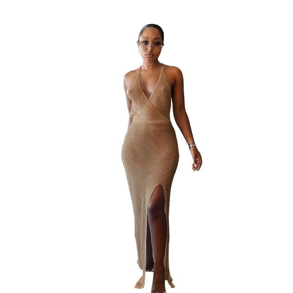 

casual dresses jrry women slit knitted dress halter backless deep v neck crochet long crocheted beach, Black;gray