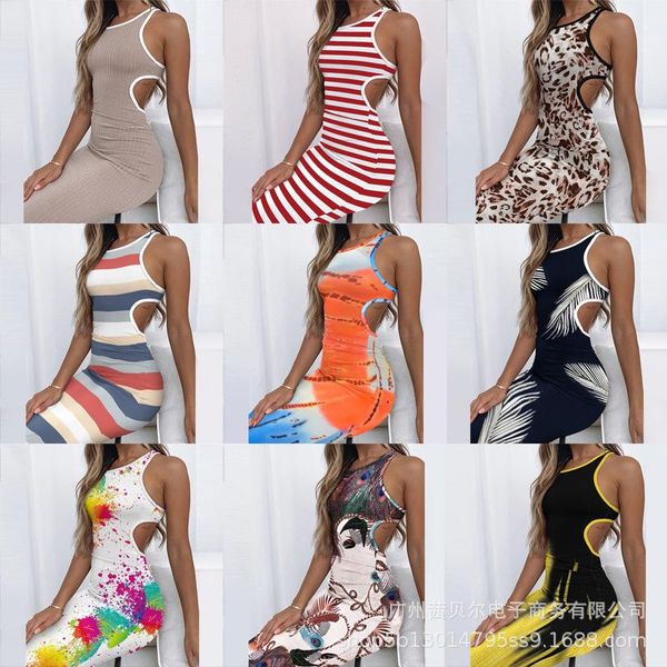 

casual dresses 2021 european and american style sleeveless backless hollow simple home bag hip dress woman, Black;gray