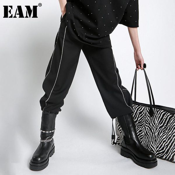 

[eam] high elastic waist long wide leg side rhinestones trousers loose pants women fashion tide spring autumn 2021 1dd2881 women's & ca, Black;white