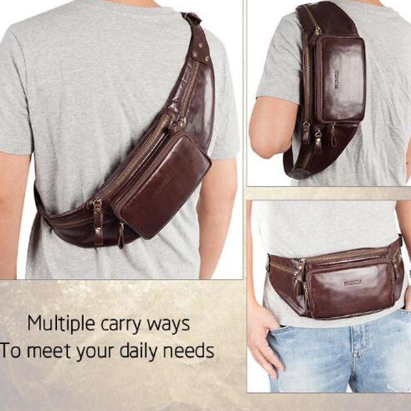 

leather male belt waist fanny pack for multi-purpose shoulder bum bags cowhide men travel chest