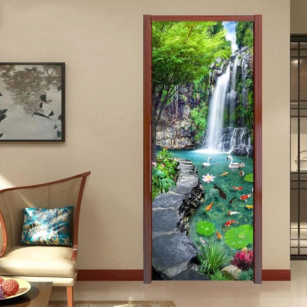 Tapeten Benutzerdefinierte 3D-Wandbild Tapete Wasserfall Teich Schlafzimmer Landschaft Dekor PO Aufkleber PVC Selbstklebende Türwandbilder Aufkleber