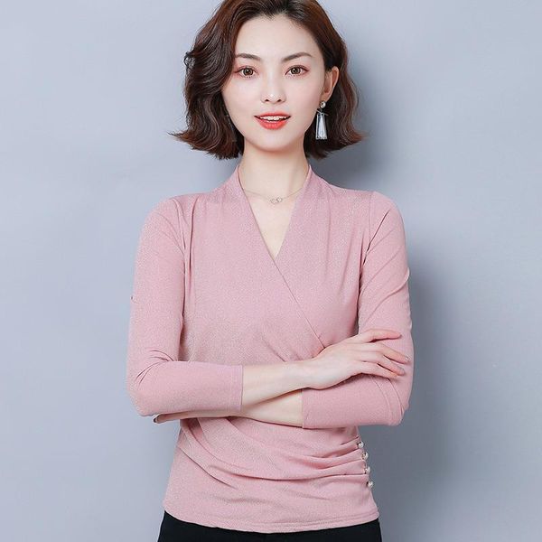 

long sleeve casual womens v neck slim autumn winter tees clothes, White