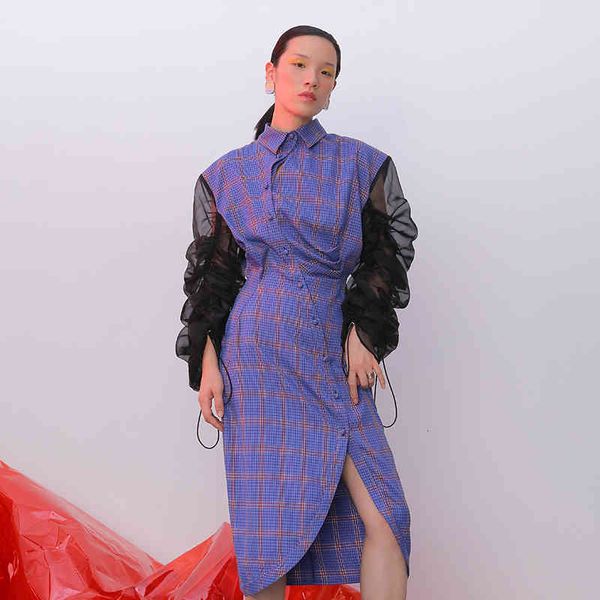 Женское весеннее модное плиссированное платье с пышными рукавами и изогнутым порогом, клетчатое платье с тонкой талией AI513 210421