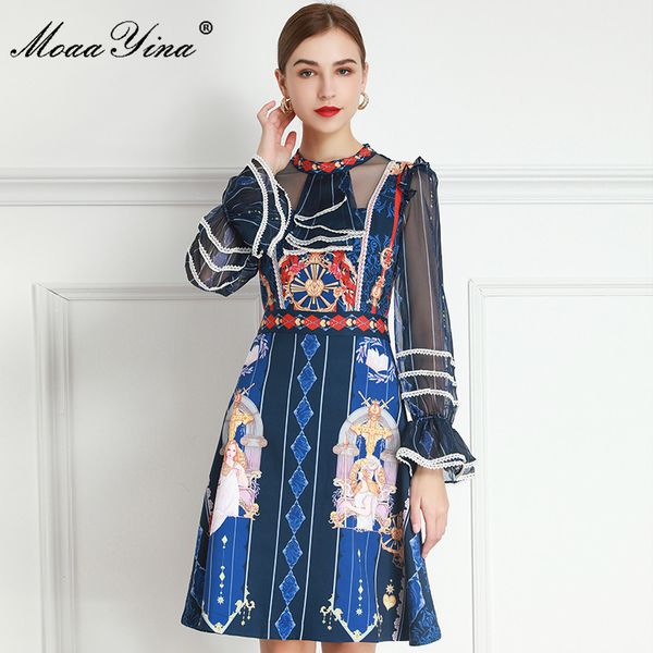 

fashion designer dress spring women's dress lace long sleeve stripe vintage print dresses 210524, Black;gray