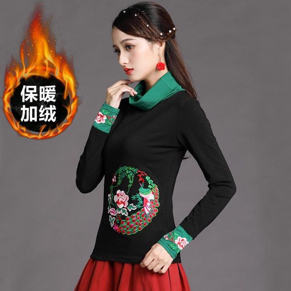 

women's t-shirt t shirt women plus velvet autumn spring chinese style embroidery tee vintage woman clothes size 6xl turtleneck, White