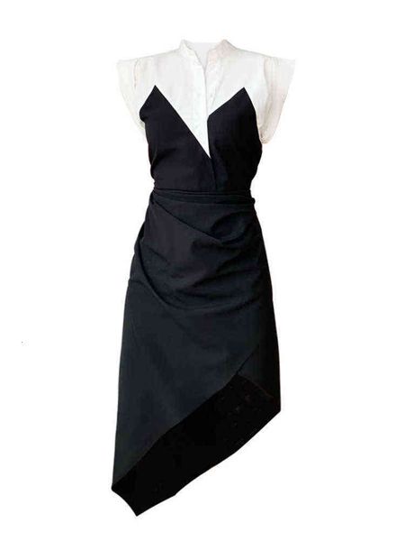 

summer french dress waist stitching dress light mature temperament professional skirt cold wind women's, Black;gray