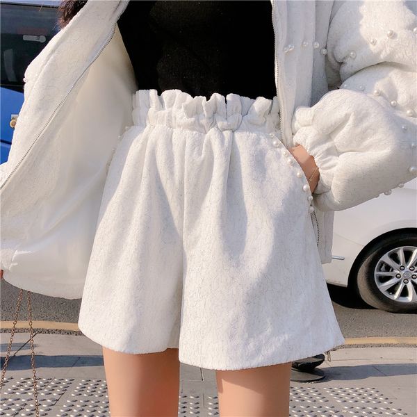 

winter 2 piece set fashion velvet parkas+ high waist shorts suits pearls pink matching outfits fleece sets 210510, White