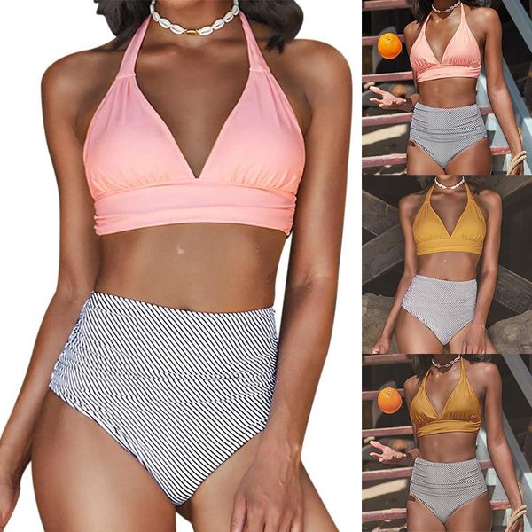 

women's swimwear 2pcs/set summer swimming suit solid color high waist sexys bikini splits beach dress attractive fashion, White;black
