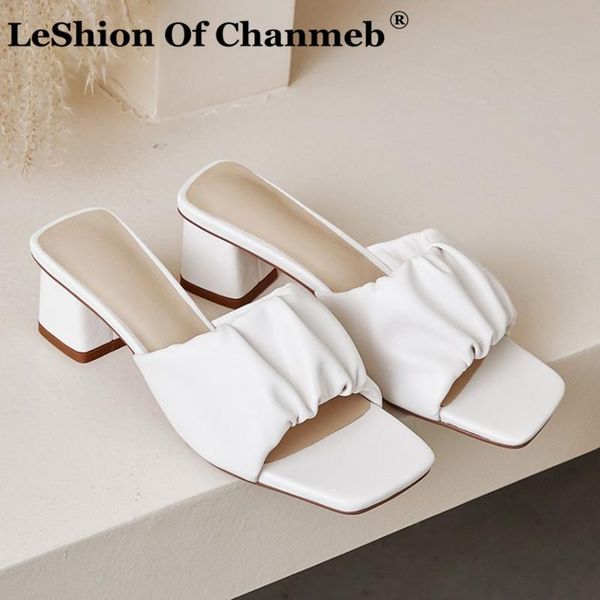 

leshion of chanmeb stylish brand square open toe pleated microfiber leather slippers shoes women low heels summer slides beige, Black