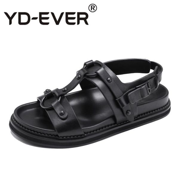 

slippers roman sandals male genuine leather personality beach shoes thick bottom summer all-match cowhide casual outdoor, Black