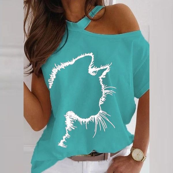 

women's t-shirt t summer shirt cat print short sleeved round neck loose fashion strapless plus size clothing, White