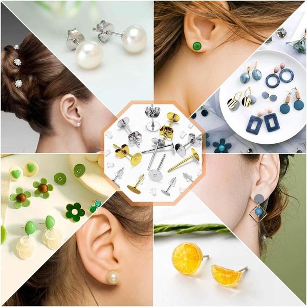 

stud earring posts hypoallergenic flat pad studs with butterfly and rubber backs for jewelry making, Golden;silver