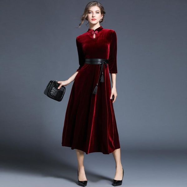 

casual dresses la maxza a-line three quarter sleeve women dress sashes mandarin collar vestidos, Black;gray