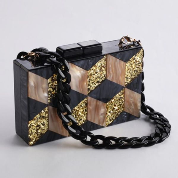 

female black pearlescent acrylic evening bags vintage women messenger gold sequins clutches patchwork party handbags