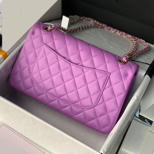 

womens purple lambskin classic quilted double flap chain bag with series number black original box genuine leather shoulder crossbody bags p