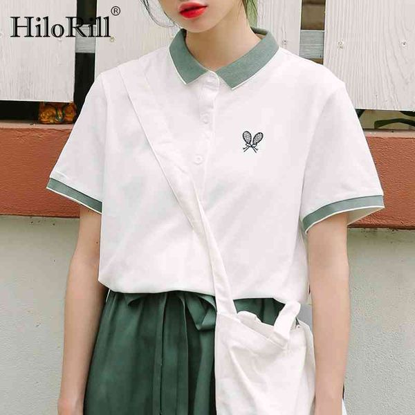 

patchwork polo shirt lady short sleeve casual cotton women sweatshirt lapel bee embroidery polos para mujer 210508, White