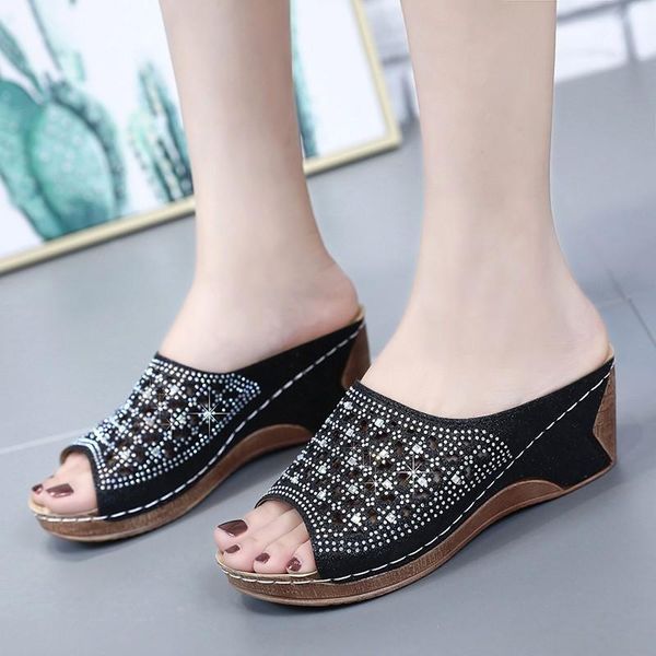

slippers 2021 low heel rome for women summer beach peep toe plus size casual roman shoes female mid wedges slipper hollow, Black