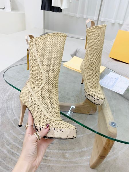 

knitted high-heel boots reflections 2022 personality booties green retro woven grass element concept leather soles size 36-41, Black