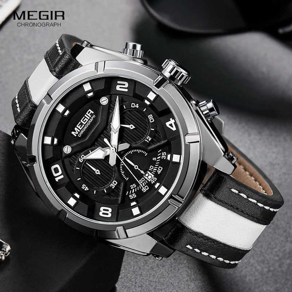 

megir fashion men's chronograph quartz watches leather strap luminous hands 24-hour sports analogue wristwatch for man 2076white 210728, Slivery;brown