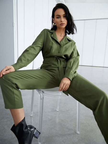 

drop shoulder buckle belted jumpsuit l5q1#, White