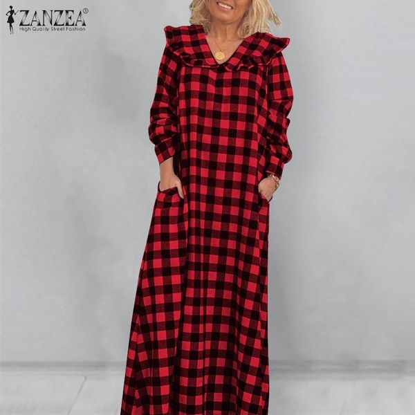 

dresses 2021 spring women retro maxi dress casual plaid lace v-neck vestidos ladies long sleeve side pocket sundress oversize 5xl, Black;gray