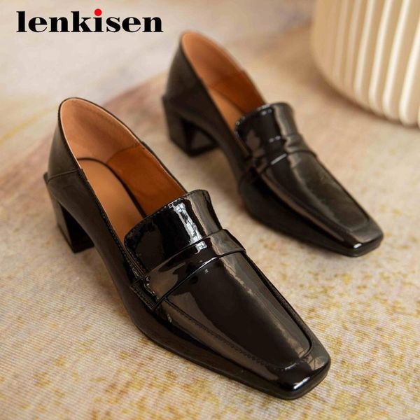 

lenkisen simple style cow patent leather classic colors square toe thick med heel slip on office lady gorgeous women pumps l1f1 dress shoes, Black