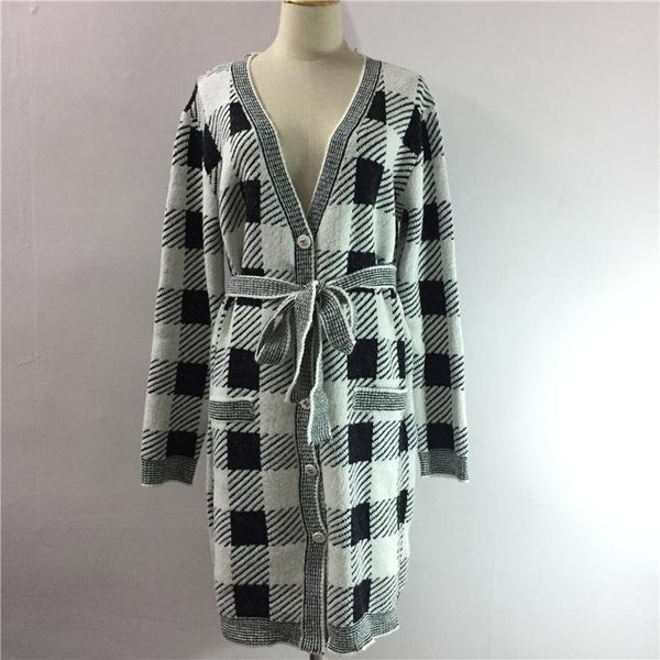 

women's sweaters 2021 autumn winter wear good quality wool blend black and white grid belt receive middle long coat girl, White;black