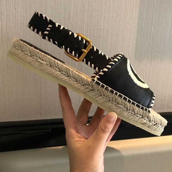 

sandals 2021 fashion women's shoes brand designer classic square toe straw fisherman casual flat summer, Black