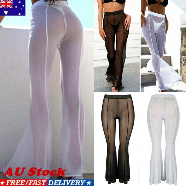 

fashion casual women mesh sheer pants leg solid semi see-through long flare pant soft slim women's & capris, Black;white