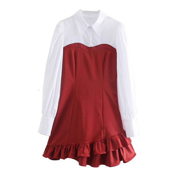 

casual dresses women patchwork ruffle mini dress turn-down collar short sleeve slim waist chic party mujer idwu, Black;gray