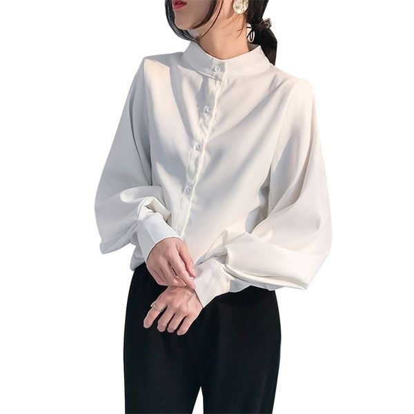 

ladies lantern sleeve blouse shirt women autumn winter stand collar office lady work solid vintage blouse shirts female blusas 210317, White