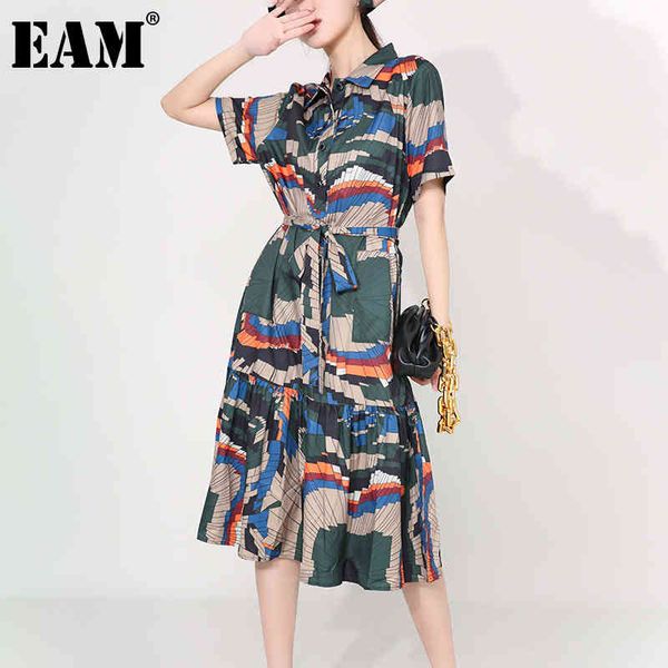 

[eam] women pattern printed pleated split midi dress lapel short sleeve loose fit fashion spring summer 1s88006 210512, Black;gray