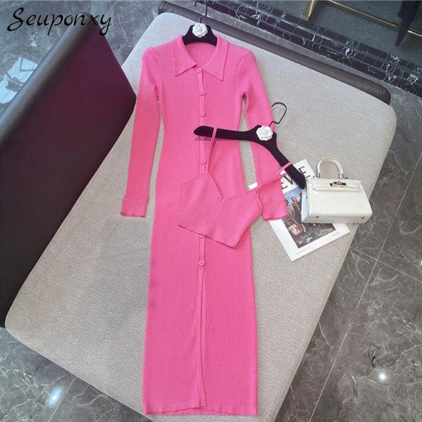 

casual dresses 2021 autumn women's knitted slim single-breasted 2 two-piece dress lapel collar long sleeve, Black;gray