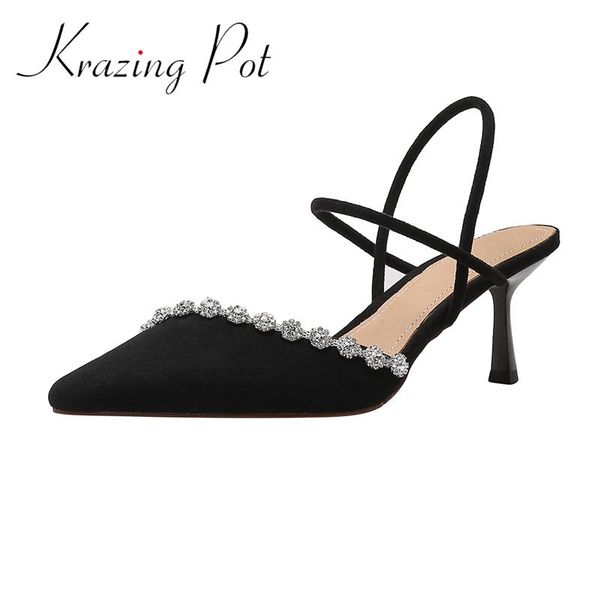 

sandals krazing pot big size genuine leather pointed toe high heels sling back diamond shiny party korean girl slip on women l50, Black