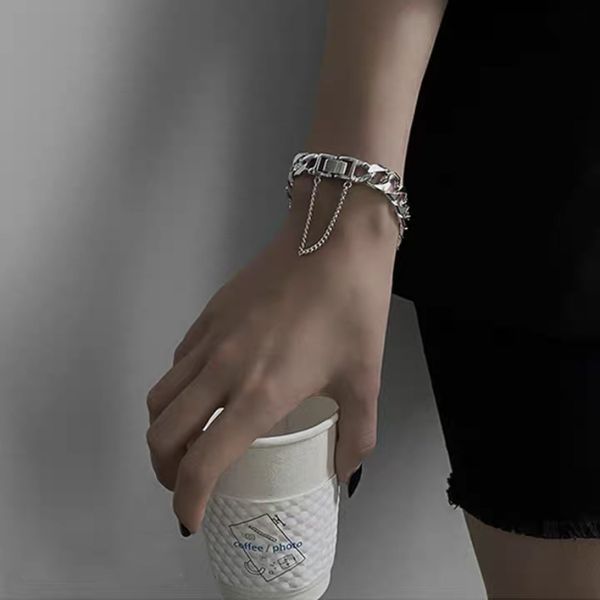 

arrival titanium steel bracelet trendy hip hop wide metal chain bangle silver clip-chain 19cm jewelry gifts for women men, Black