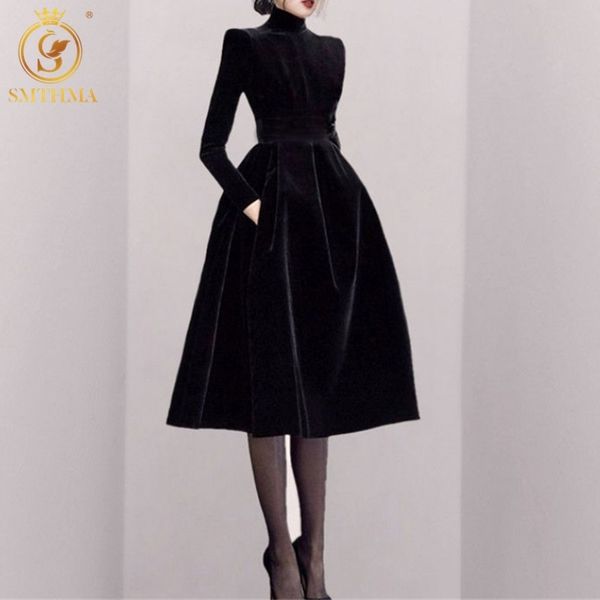 

vintage black velvet turtleneck collar party dress women elegant temperament female long sleeve vestidos 210520, Black;gray