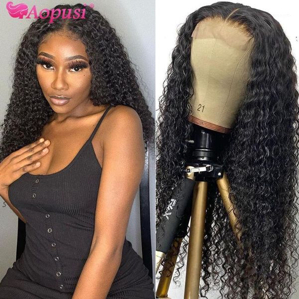 

aopusi t part wig peruvian water wave lace front 100% curly human hair 13*4 pre plcuked natural with baby hair1, Black;brown