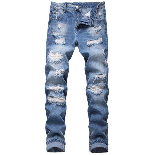 

men's jeans denim ripped non-stretch trousers straight ruined hole daily, Blue