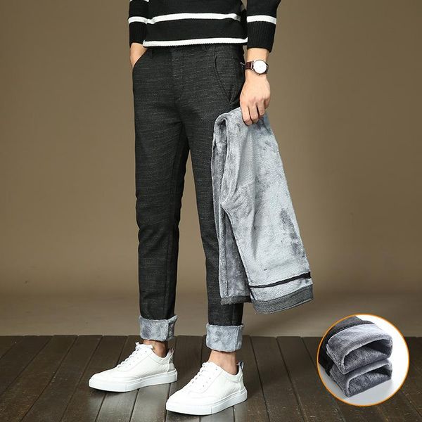 

winter style thickening warm plaid trouser men's casual pants mens business fashion heavyweight trousers men, Black