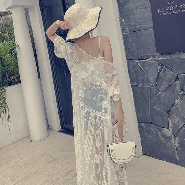 

women's swimwear 2021 retro printed half sleeve chiffon cardigan kimono boho fringed tassels bikini cover up ankle length cape beach sw, White;black