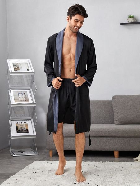 

men colorblock shawl collar belted satin robe & shorts pj set a8gn#, Black;brown