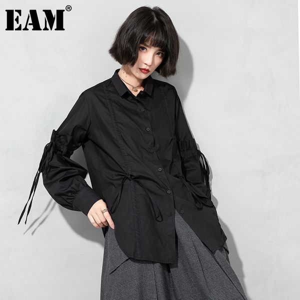 

[eam] women drawstring bandage big size blouse lapel long sleeve loose fit shirt fashion spring autumn 1dd6959 21512, White
