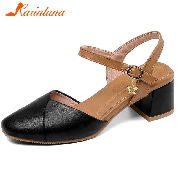 

elegant lady mixed color sandals round toe buckle strap metal square heel women summer shoes woman, Black