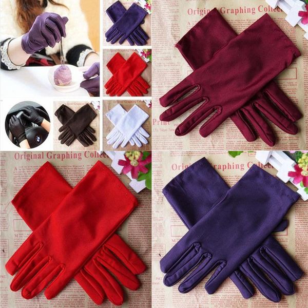 

pair fashion women wrist length gloves black white red short satin stretch for ladies girls hand five fingers, Blue;gray