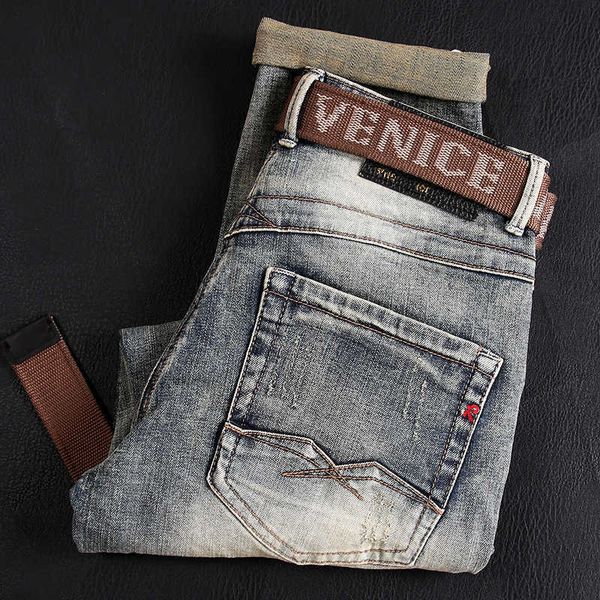 

street style fashion men jeans retro distred elastic slim fit ripped embroidery designer denim pants 43f1, Blue