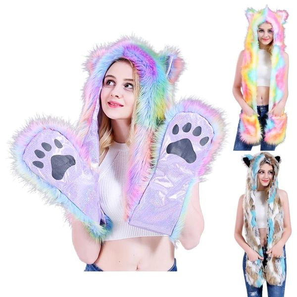 

berets women 3 in 1 furry animal hat scarf gloves mittens colorful plush hoodie paws, Blue;gray